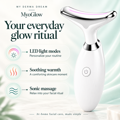 MyoGlow benefits infographic: LED light modes, soothing warmth and sonic massage